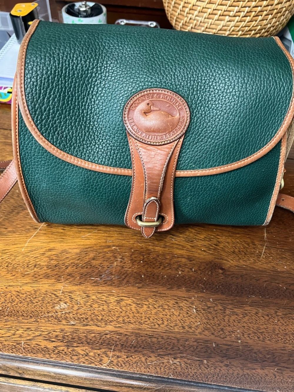Dooney & Bourke Green Pebbled Leather Crossbody with Tan Trim